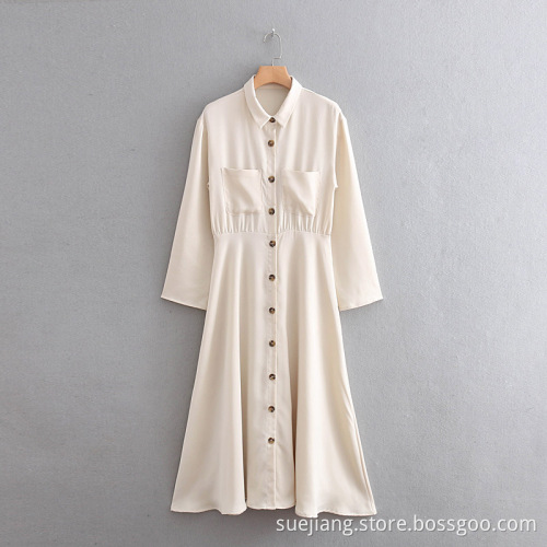 Long Women Casual Dress Creamy-white Dress with Buttons